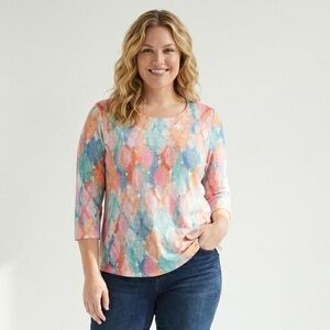 Astrologie XXL Plus Size Multicolored Abstract Print 3/4 Sleeve Top | Soft Knit